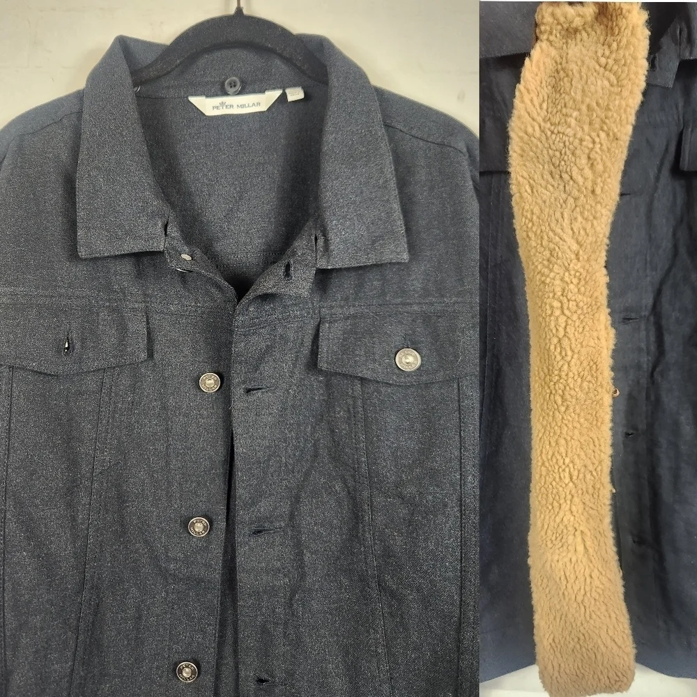 Peter Millar Mountainside Flannel Sherpa Collar Trucker Jacket Navy Men's XL